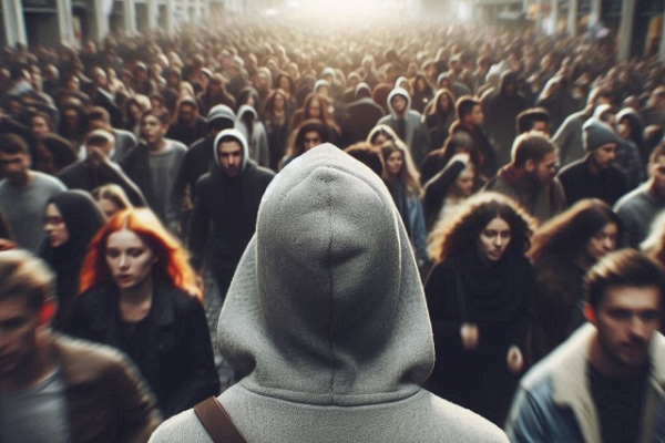 gray man moving through a crowd