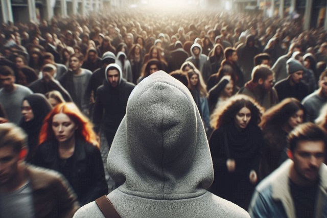 gray man moving through a crowd