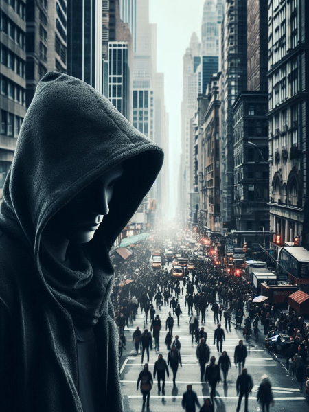 man in hood in urban city