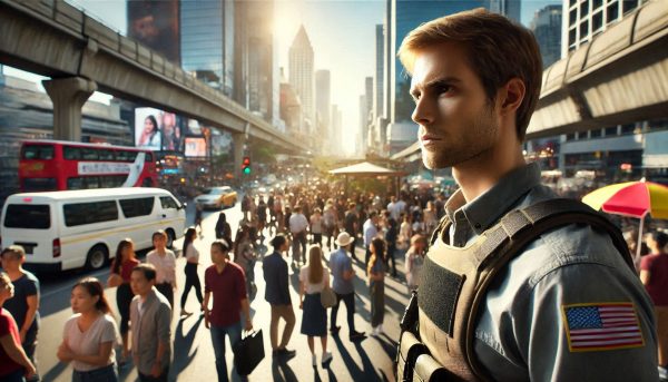 man assessing crowd for threats