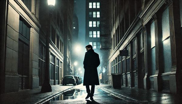 man walking down dark alley assessing danger