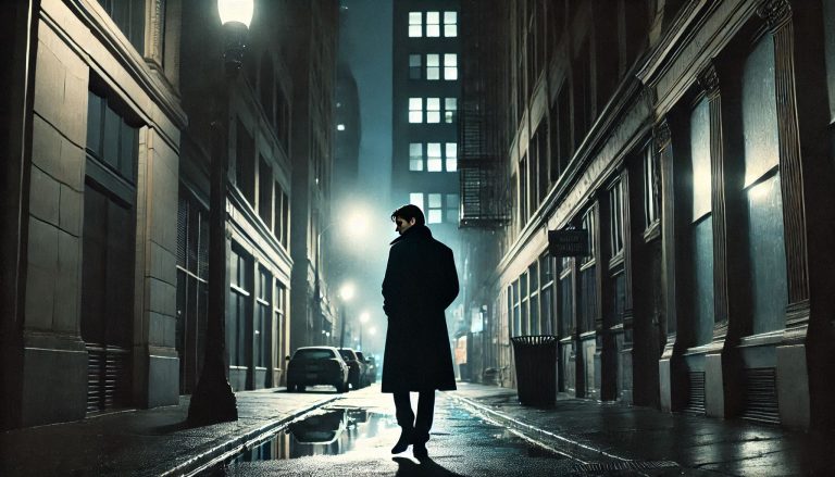 man walking down dark alley assessing danger