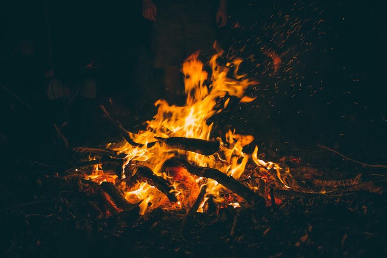 roaring campfire in the wilderness