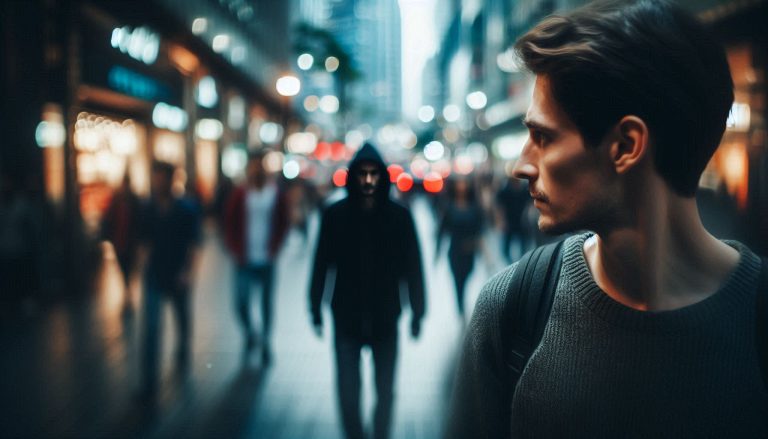 suspicious person following man